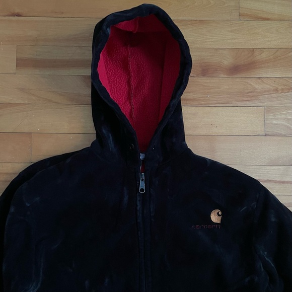 Vintage Carthartt Velour Zip Up Hoodie Black and Red Lining - Picture 2 of 4